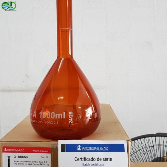 Volumetric flasks, NORMAX® amber glass, class A, with PE stopper