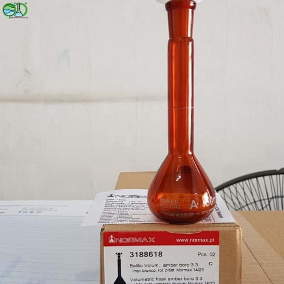 Volumetric flasks, NORMAX® amber glass, class A, with PE stopper