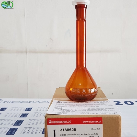 Volumetric flasks, NORMAX® amber glass, class A, with PE stopper