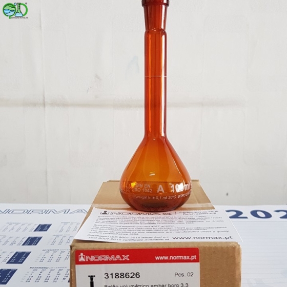 Volumetric flasks, NORMAX® amber glass, class A, with PE stopper