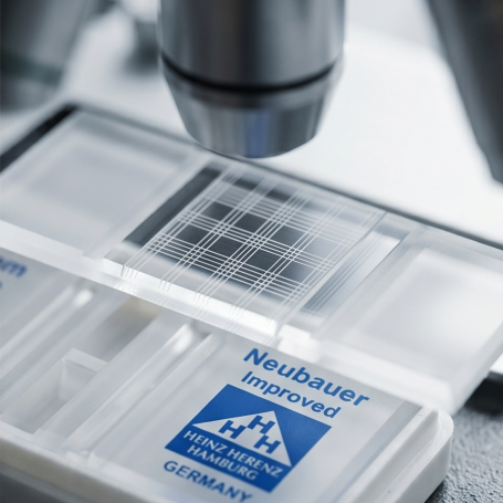 Buồng đếm tế bào Neubauer Improved (Hemocytometer) của hãng HBG Henneberg-Sander.