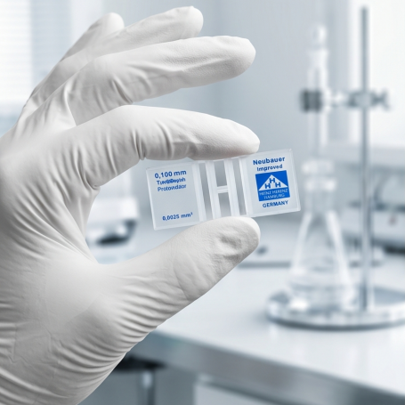 Buồng đếm tế bào Neubauer Improved (Hemocytometer) của hãng HBG Henneberg-Sander.
